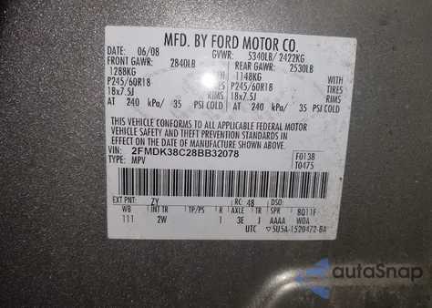2008 Ford Edge Sel from USA, damaged, VIN 2FMDK38C28BB32078